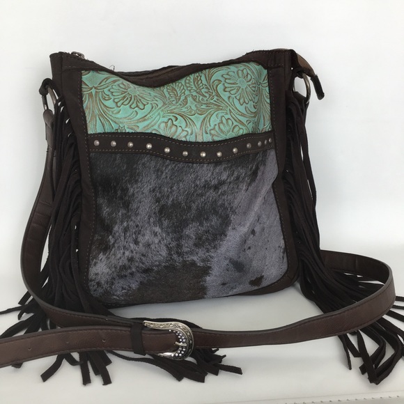 Inbranded Handbags - Conceal Carry Crossbody Fringe Bag Western Cowhide Pony Hair Tooled Leather